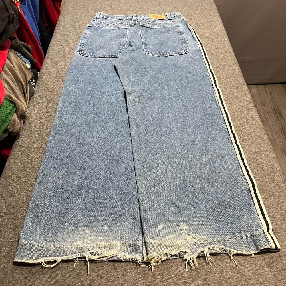Utility Mens 34x34 Wide Leg Baggy Jeans Side Stripe Y2K Skater Slugs Style Blue